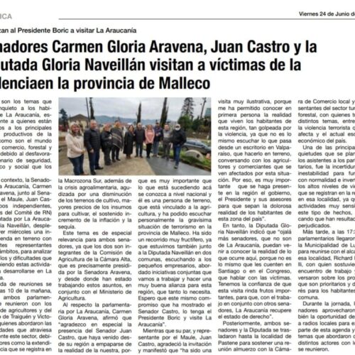 24 JUNIO - Senadores Carmen Gloria Aravena, Juan Castro y la Diputada Gloria Naveillán se reunieron con representantes del mundo agrícola, comercio, forestal, turismo, y empresarios pymes, que han sido víctimas de la violencia en La Araucanía, con quienes conversaron del drama que viven a diario y las dificultades para desarrollar sus actividades.